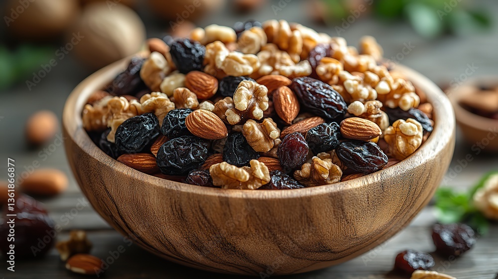 a wooden bowl filled with a mixture of dried fruits such as walnuts almonds hazelnuts,prunes rests on a wooden surface the light background highlights the variety of textures,colors a wooden bowl filled with a mixture of dried fruits such as walnuts almonds hazelnuts,prunes rests on a wooden surface the light background highlights the variety of textures,colors