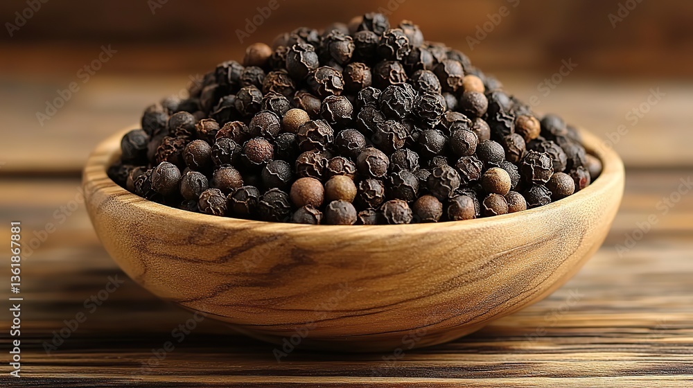 a wooden bowl filled with black peppercorns rests on a wooden surface the dark round peppercorns are stacked together to showcase their rich textured appearance,aromatic qualities a wooden bowl filled with black peppercorns rests on a wooden surface the dark round peppercorns are stacked together to showcase their rich textured appearance,aromatic qualities