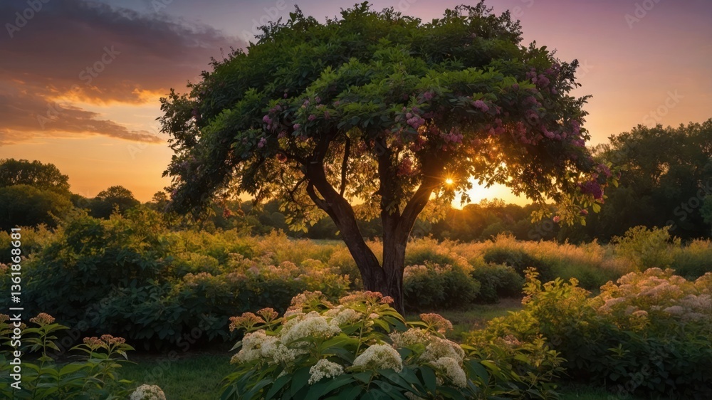 Obraz premium A serene sunset scene featuring a flowering tree amidst lush greenery and blooming flowers.