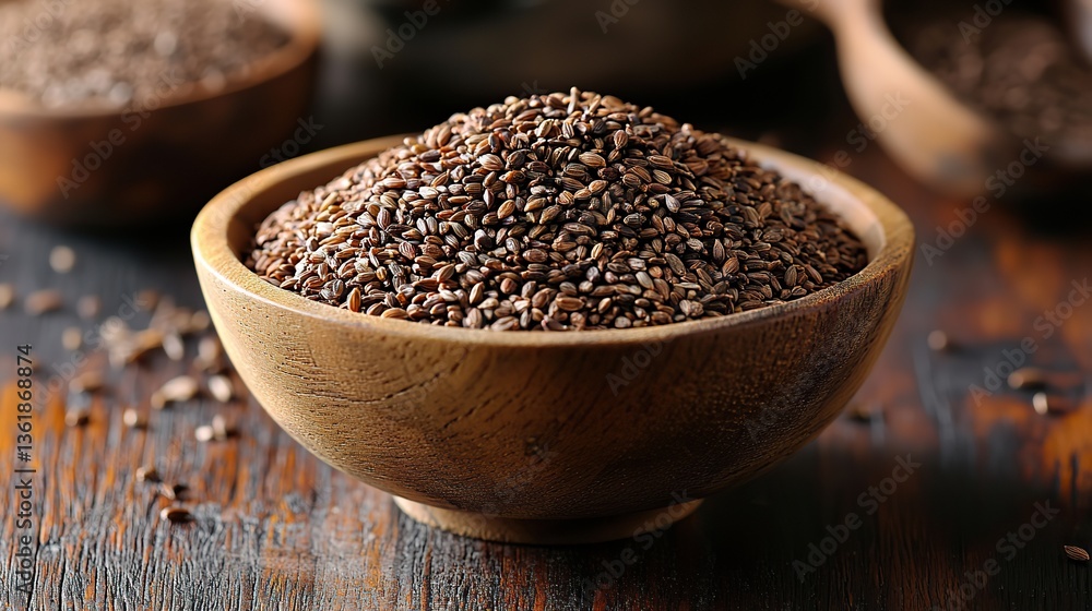 a wooden bowl filled with celery seeds on a wooden surface the seeds are small,brown showcasing their use as a spice,for their medicinal properties in various cuisines a wooden bowl filled with celery seeds on a wooden surface the seeds are small,brown showcasing their use as a spice,for their medicinal properties in various cuisines