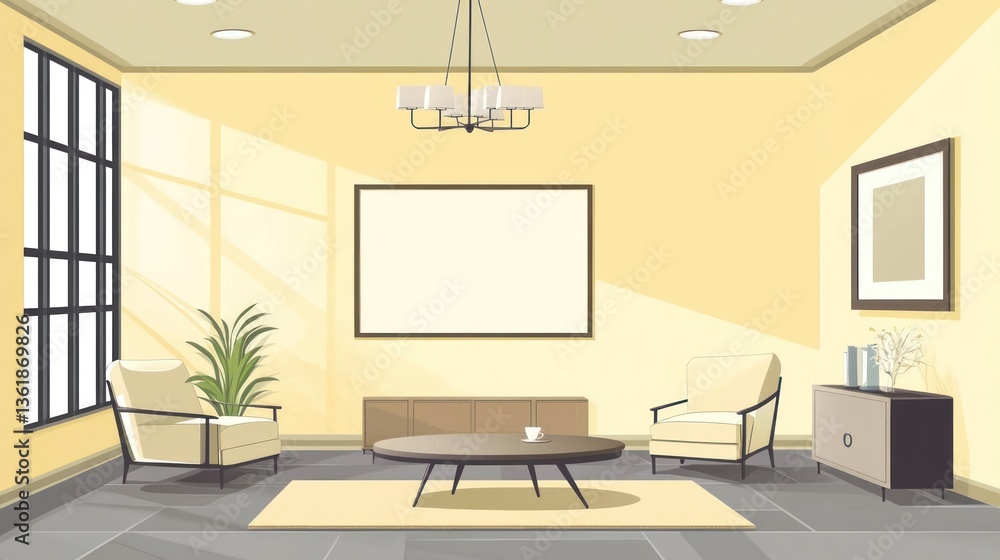 Fototapeta premium Modern Living Room Interior Design, Sunny Day, Empty Space, Elegant Style, Potential Use Stock Photo