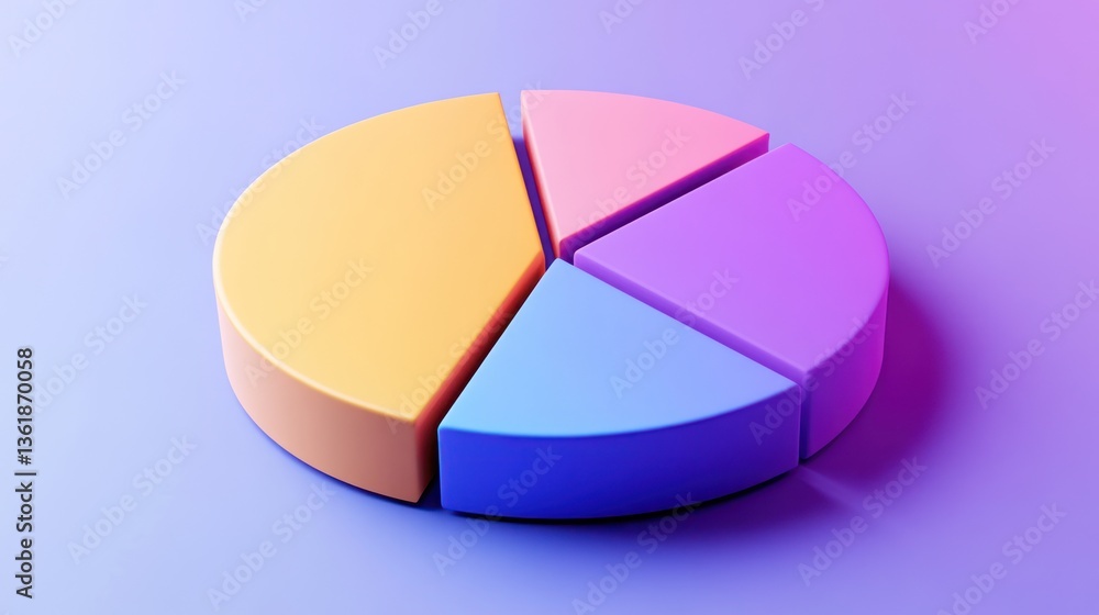 Obraz premium Colorful 3D Pie Chart on Purple Background. Possible Use Stock photo for education, business, data visualization