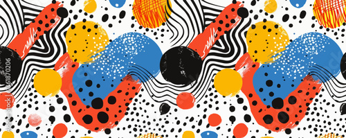 Colorful abstract seamless pattern with geometric shapes and textures.