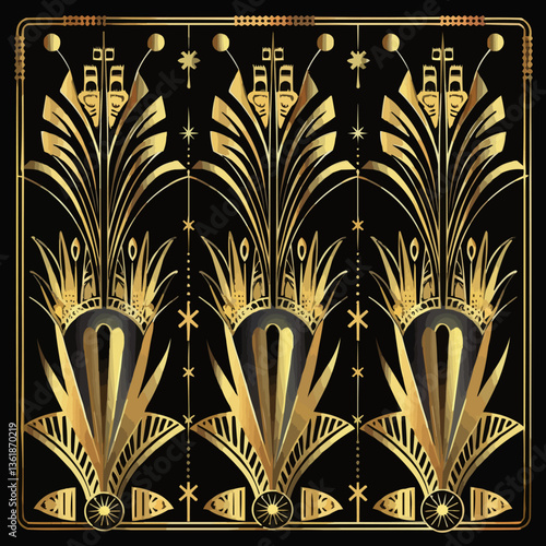 Art deco pattern with gold floral motif on black background.