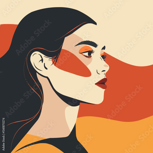 Stylized portrait of asian female with long hair in bold illustrator colors.