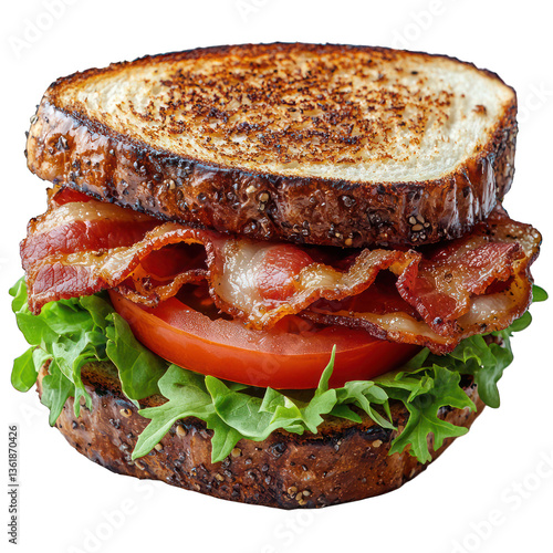 A gourmet BLT sandwich with crispy bacon, lettuce, and tomato, isolated on a white background.