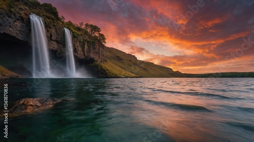 A stunning waterfall cascades into a serene lake under a vibrant sunset sky.