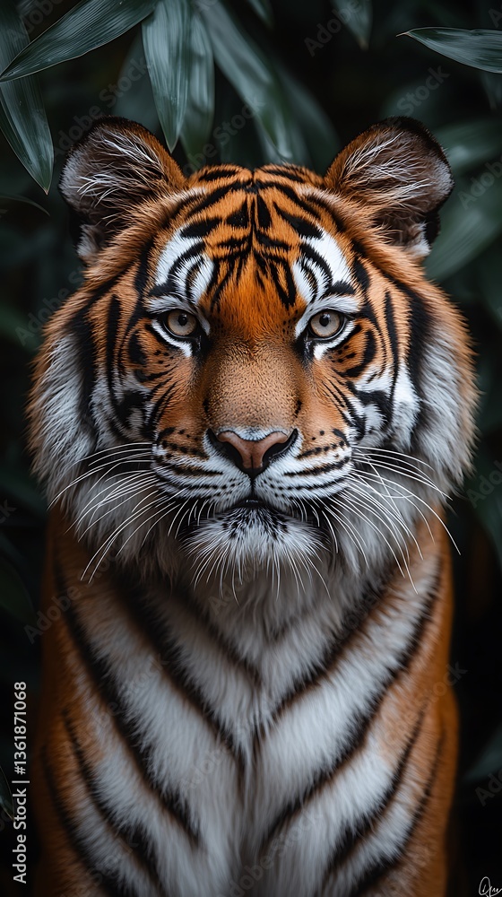 Fototapeta premium Majestic Tiger with Striking Stripes Amidst Lush Green Foliage