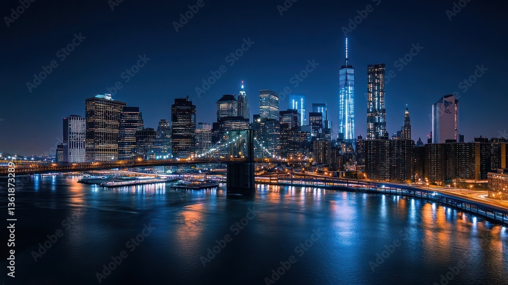 Obraz premium NYC Skyline at Night, Cityscape, Illuminated Bridges