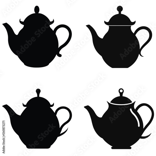 Traditional blue ceramic teapot and cups, a hot breakfast beverage set isolated on white