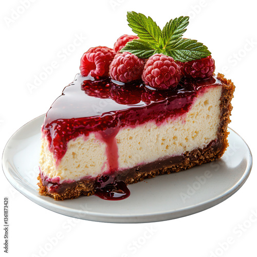 A luxurious slice of cheesecake topped with raspberry sauce, isolated on a white background.
