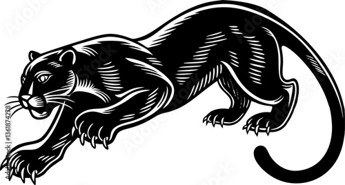 Jumping running panther, emphasizing its muscular build and agility. Tattoo design sketch engraving vector
