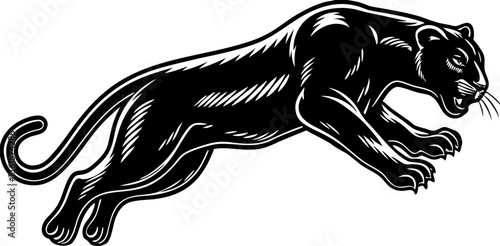 Jumping running panther, emphasizing its muscular build and agility. Tattoo design sketch engraving vector