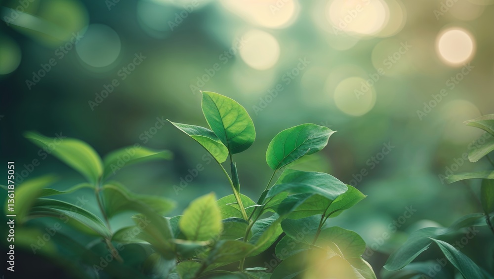 Obraz premium Fresh green leaves basking in soft sunlight during a tranquil afternoon in a lush forest setting