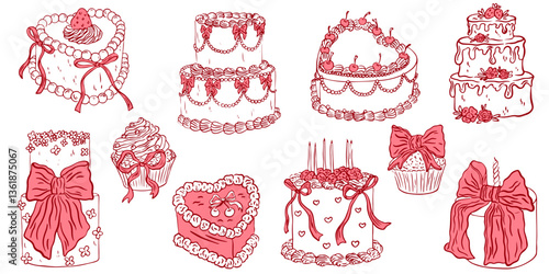 Hand drawn coquette vintage cakes with cherry, bows and ribbons. Sweet bakery desserts with cute girly aesthetic elements for Valentines day, wedding invitation, birthday. Doodle vector illustration.