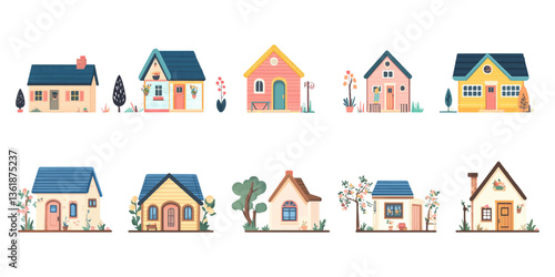 vector illustration of a set of wooden tiny houses with different shapes and colors, isolated on a white background.