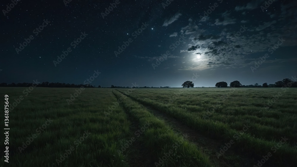 Fototapeta premium A serene night landscape with a moonlit sky and grassy field, featuring a winding path under the stars.