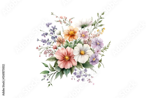 Watercolor floral bouquet delicate blooms pastel colors romantic flowers botanical art spring blossoms nature painting,