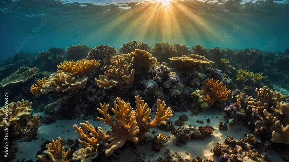 Obraz premium Underwater scene showcasing vibrant coral reefs illuminated by sunlight.