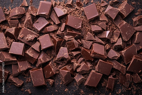 Decadent collection of broken dark chocolate pieces scattered on a dark surface for baking and dessert preparation