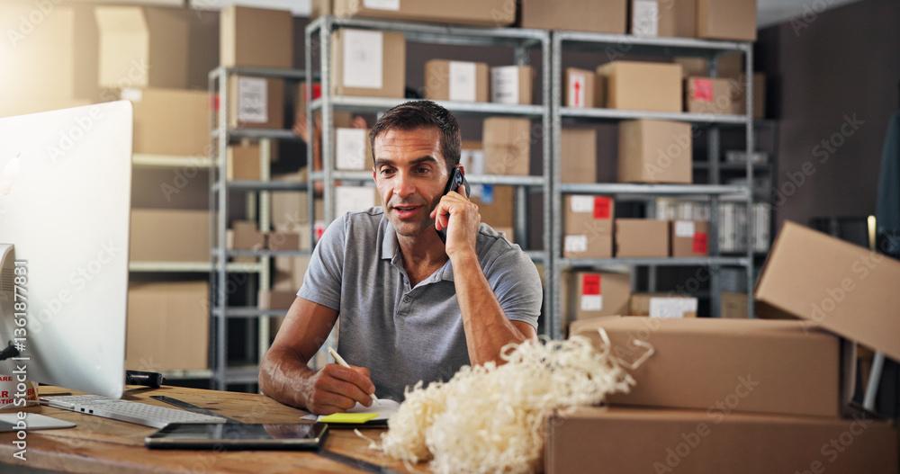 © Malik/peopleimages.com - Computer, logistics and phone call with man in distribution center for communication or update. Boxes, supply chain and writing notes with courier in office for delivery, ecommerce or shipping © Malik/peopleimages.com - Computer, logistics and phone call with man in distribution center for communication or update. Boxes, supply chain and writing notes with courier in office for delivery, ecommerce or shipping
