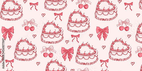 Seamless pattern with coquette cakes cherry, bows. Hand drawn vintage background with girly aesthetic element for Valentine's day, wedding, birthday. Trendy print for wrapping paper, fabric, textile.