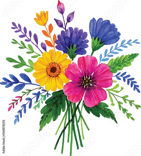A vibrant bouquet of colorful chrysanthemums and flowers in various shades of pink, yellow, purple, and orange, surrounded by lush green leaves, capturing the beauty of spring and summer blooms