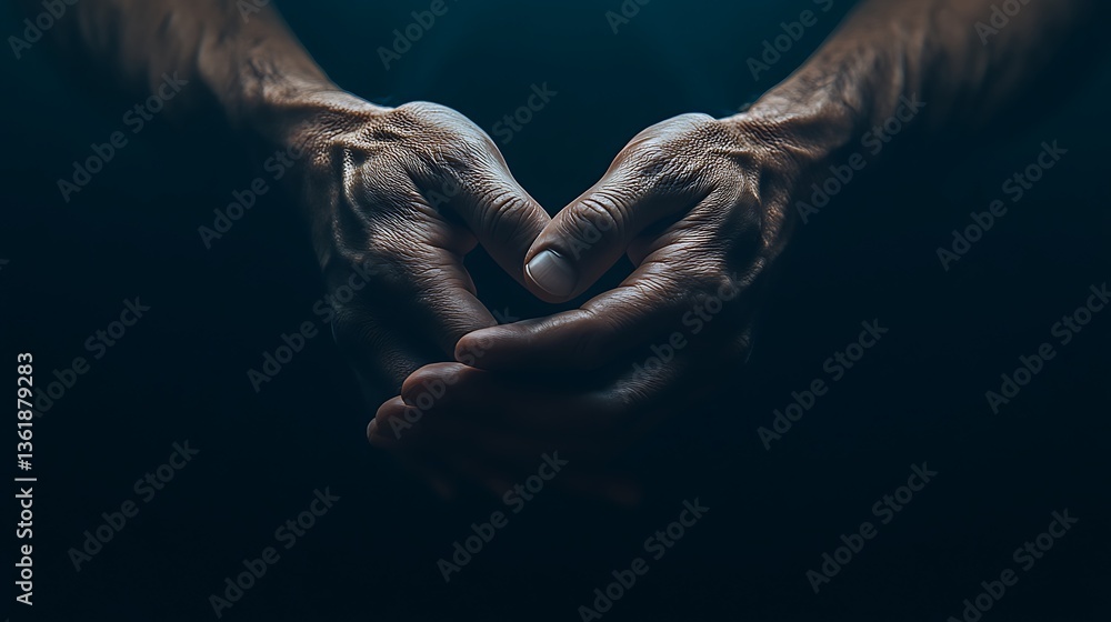 Close-up of clasped hands in darkness. Close-up of clasped hands in darkness.