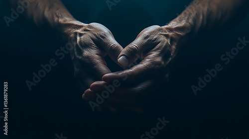 Close-up of clasped hands in darkness.