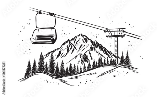 Ski lift in the mountains hand drawn illustration.	
