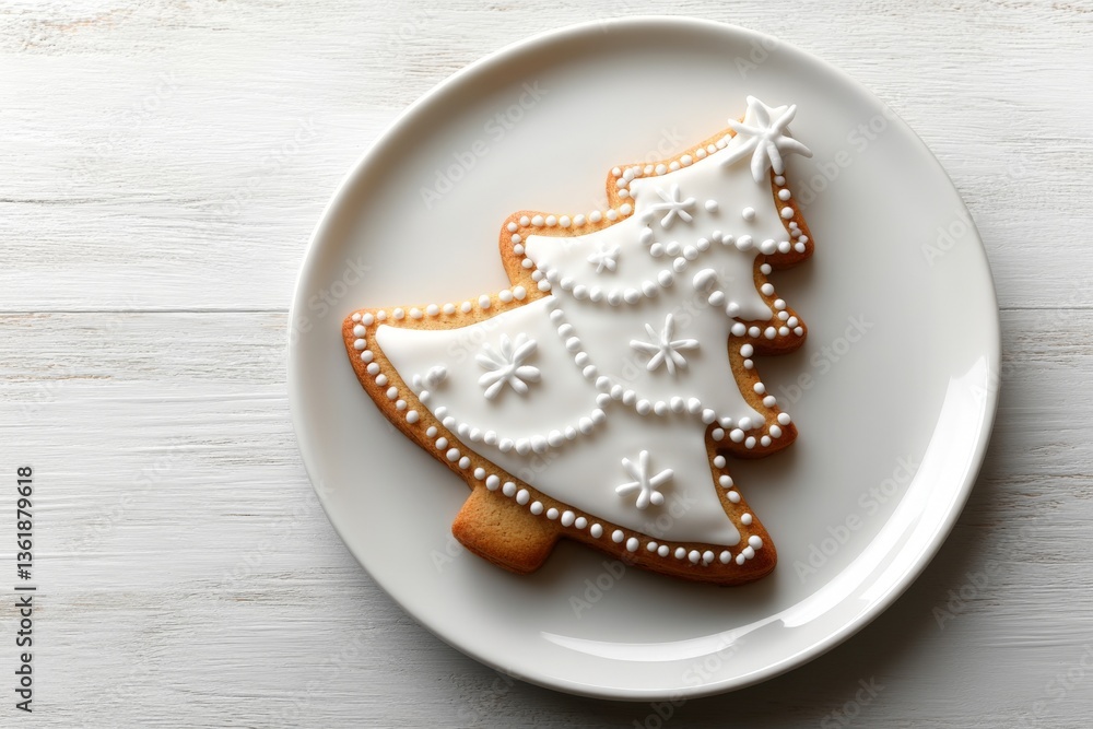 Decoratively frosted Christmas tree cookie on a plate ready for festive celebrations Decoratively frosted Christmas tree cookie on a plate ready for festive celebrations