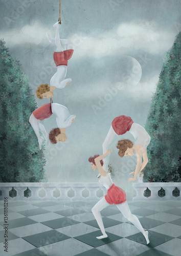 acrobatic circus gymnasts on the balcony in the green garden