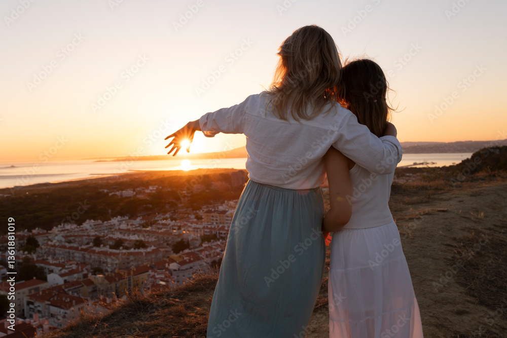 Fototapeta premium Mother and daughter embracing and pointing at sunset over coastal cityscape
