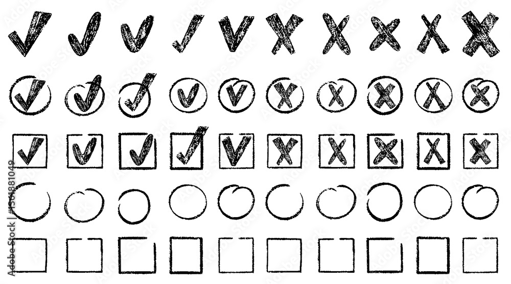 Check marks doodle set. Vote, yes, no, checkbox, checklist, tick and cross signs, v and x drawn concept. Hand drawn crayon sketch style vector illustration Check marks doodle set. Vote, yes, no, checkbox, checklist, tick and cross signs, v and x drawn concept. Hand drawn crayon sketch style vector illustration