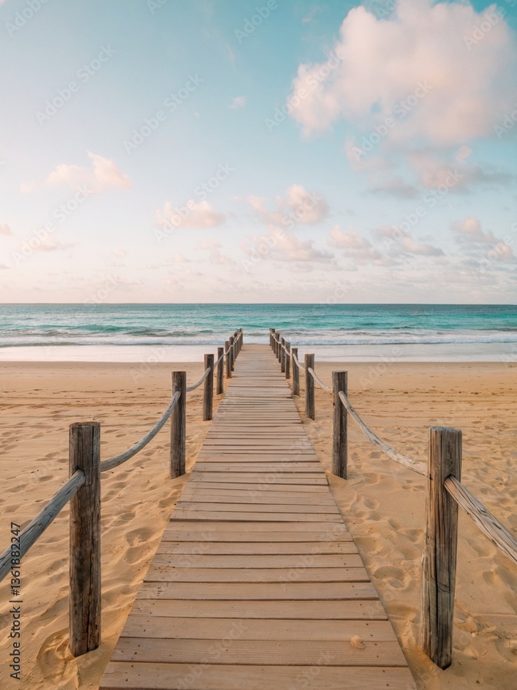Fototapeta premium Scenic Wooden Boardwalk to the Beach – Peaceful Ocean View, Sandy Pathway, and Coastal Serenity – Beach Boardwalk
