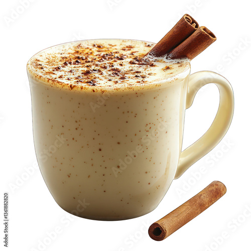 A steaming mug of chai latte with cinnamon stick, isolated on a white background.