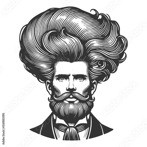 gentleman with an incredibly large, curly hairstyle, blending humor, surrealism, and vintage artistic style sketch engraving generative ai vector illustration. Scratch board. Black and white image.