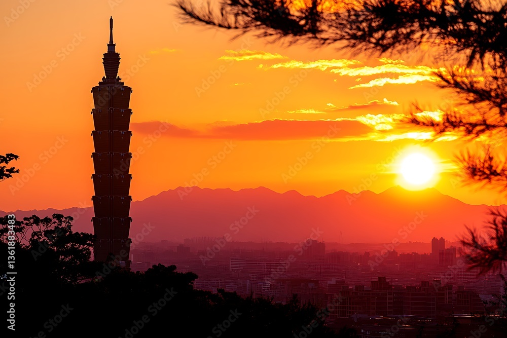 Obraz premium Sunset over Taipei city silhouette and mountains, tree branches in foreground, for travel