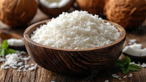 a wooden bowl filled with finely shredded hindistancevizi rende desiccated coconut sits on a wooden surface the pure white fluffy texture of the coconut shreds is neatly piled high