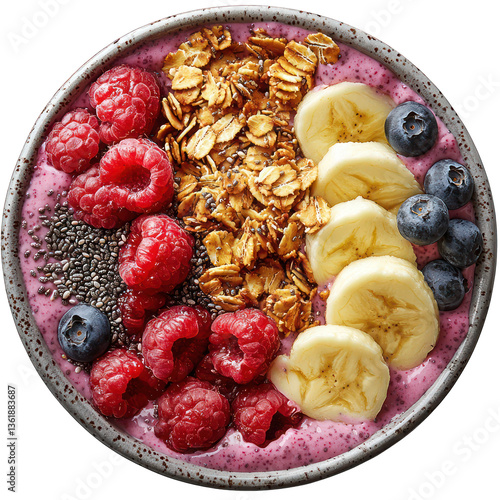 A vibrant acai bowl with granola and chia seeds, isolated on a white background.