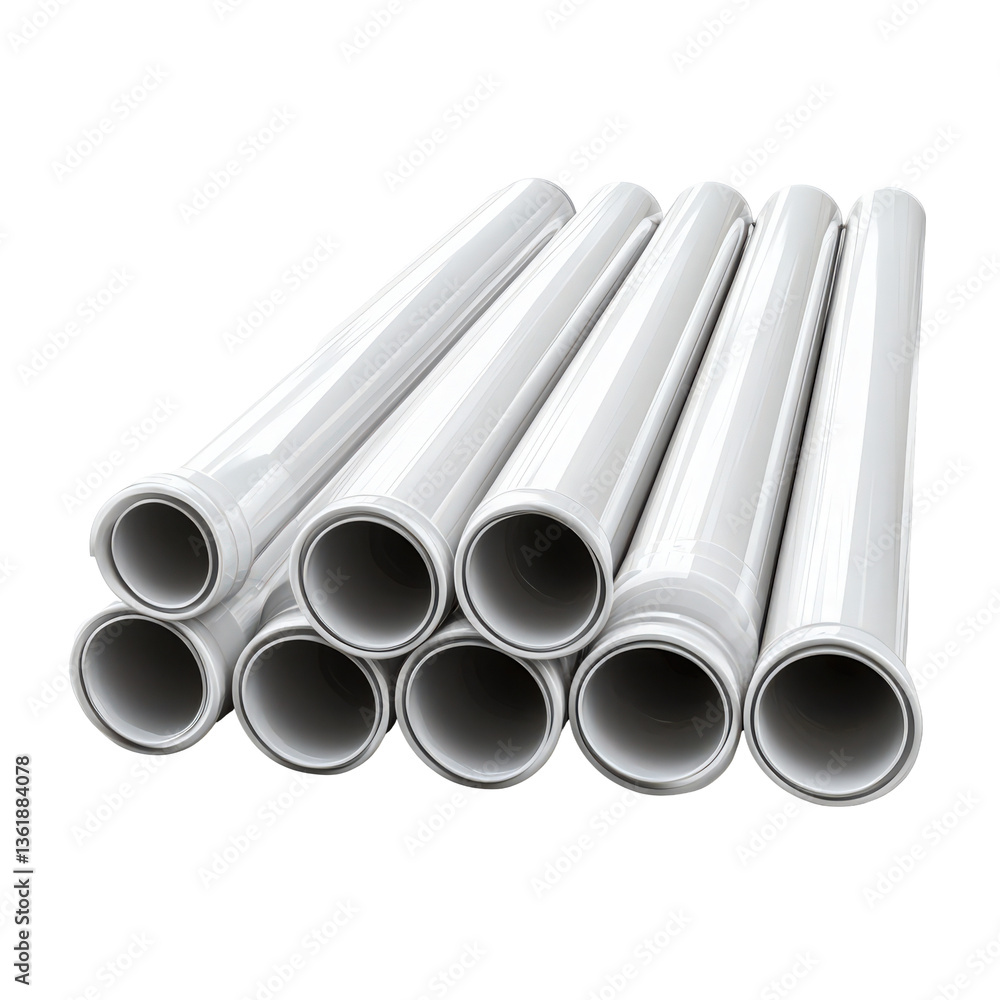 Fototapeta premium White ceramic pipes stacked isolated on transparent background emphasizing industrial design