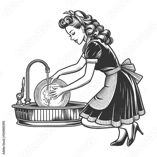 smiling retro housewife washing dishes at the sink, bubbly water sketch engraving generative ai fictional character vector illustration. Scratch board imitation. Black and white image.