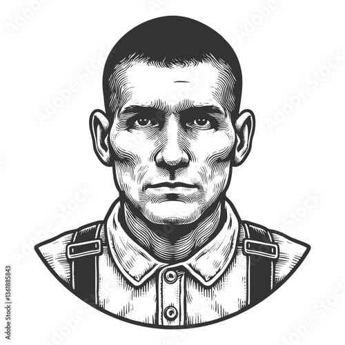bald prisoner in striped clothing with crossed hands, giving an intense and serious expression in a vintage style sketch engraving generative ai vector illustration. Scratch board. Black and white.