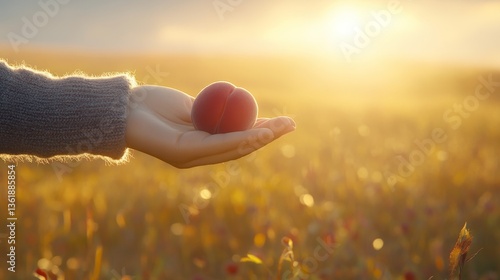 Peach lies on a hand in a yellow field, with sunset lighting the scene warmly