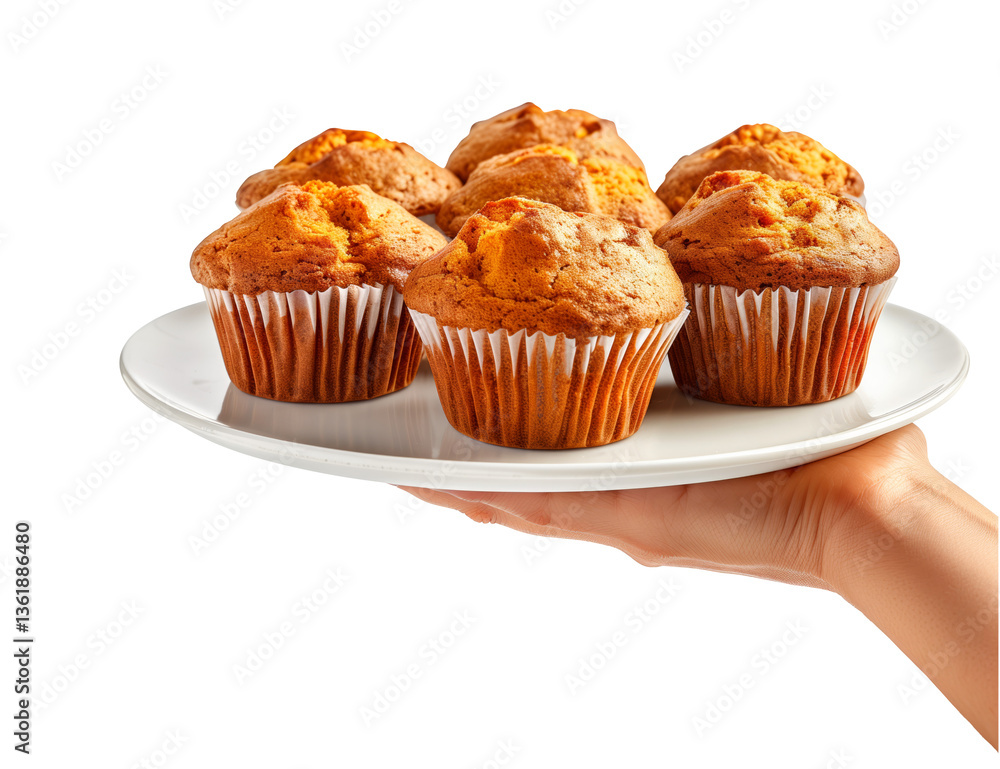 Hand holding a muffin on a white plate, isolated on white transparent background, concept of breakfast. Hand holding a muffin on a white plate, isolated on white transparent background, concept of breakfast.