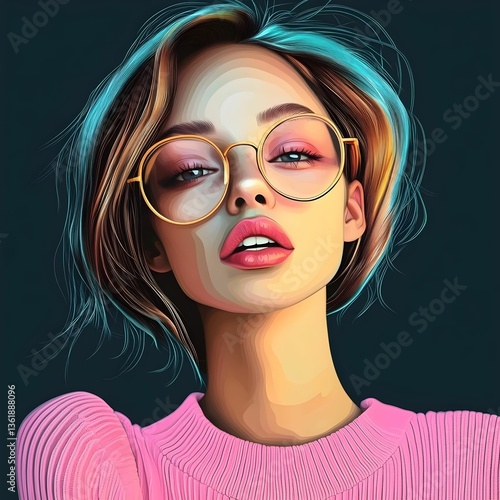 Wallpaper Mural Fashionable woman wearing round glasses and pink sweater standing confidently, embodying contemporary style and elegance Torontodigital.ca