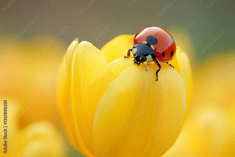 Close view of a ladybug on a yellow tulip in a blooming garden during springtime Close view of a ladybug on a yellow tulip in a blooming garden during springtime