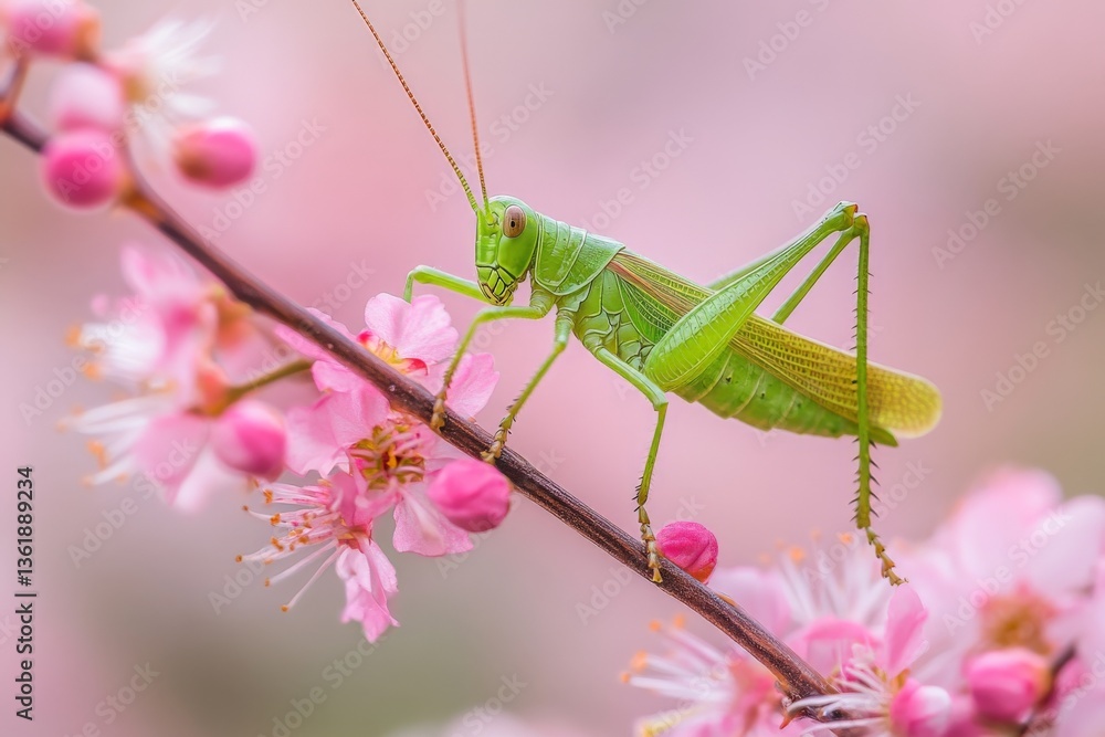 Fototapeta premium Bright green grasshopper rests on a blooming cherry blossom branch in springtime garden