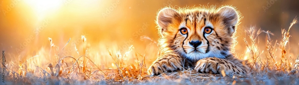 Obraz premium Cuddly cheetah cub resting in golden sunlight nature photography wild environment close-up view