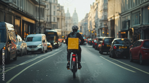 Wallpaper Mural Delivery cyclist maneuvers through a bustling city street filled with vehicles, capturing the energy of urban life in the late afternoon light. Torontodigital.ca